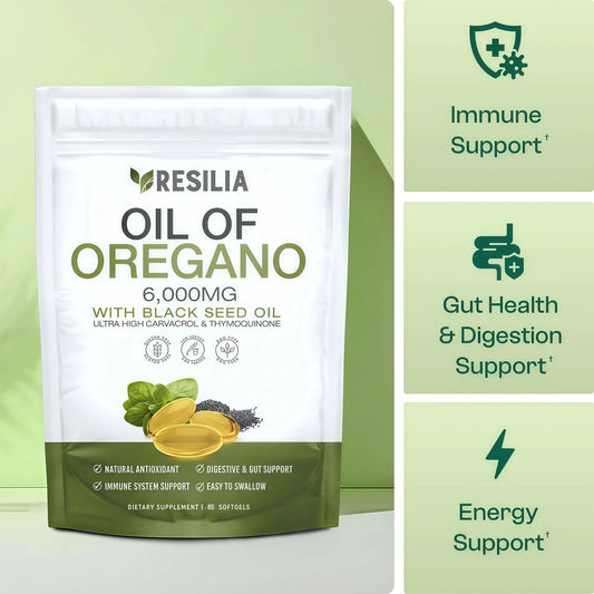 Resilia Softgels with Black Seed Oil 6000mg – Premium Grade Oregano Oil Capsules for Immune & Digestive Support – Non-GMO, Gluten-Free Softgels – Natural Herbal Wellness Supplement (60 Count)